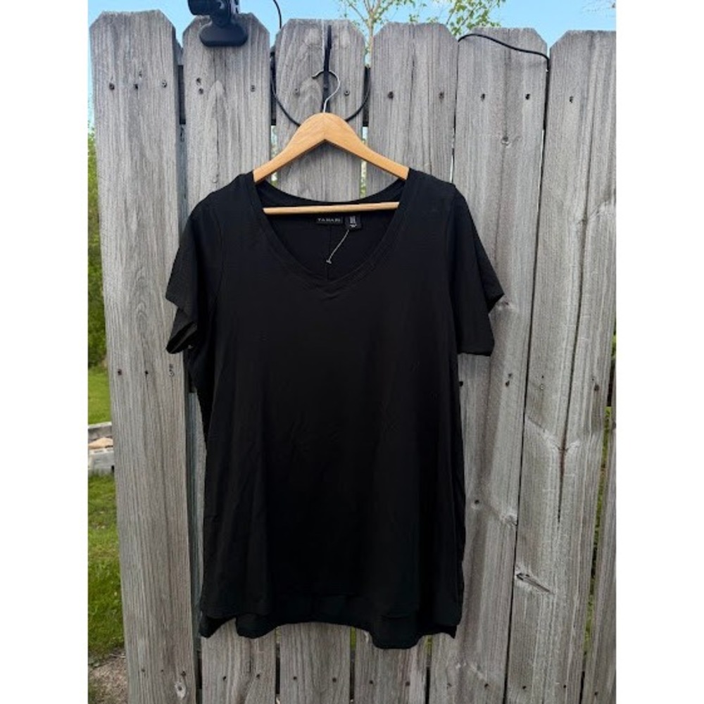 Tahari Womens Black Pima Cotton V-Neck Short Sleeve Tee Shirt Plus Size 1X NEW